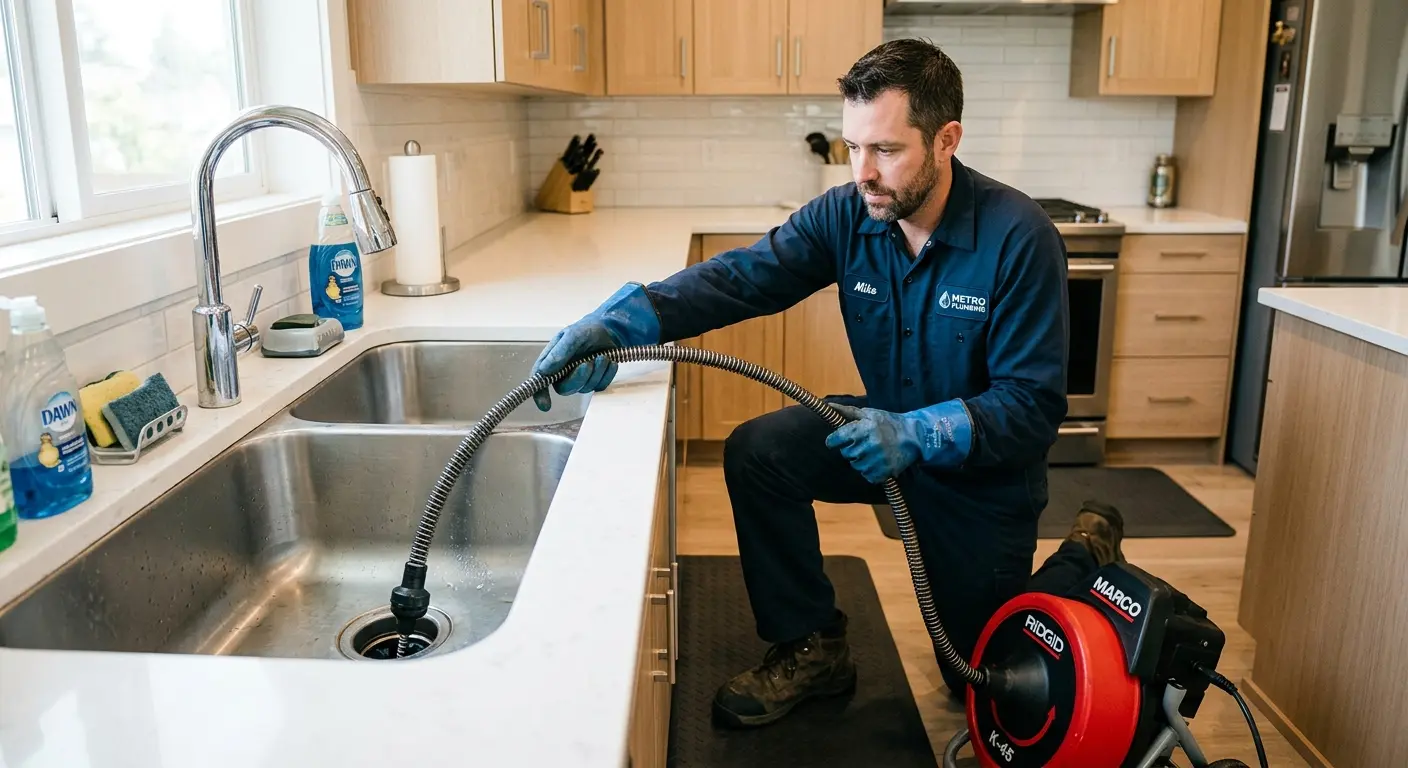 Drain cleaning technician using a motorized snake on a kitchen sink in Lehigh
