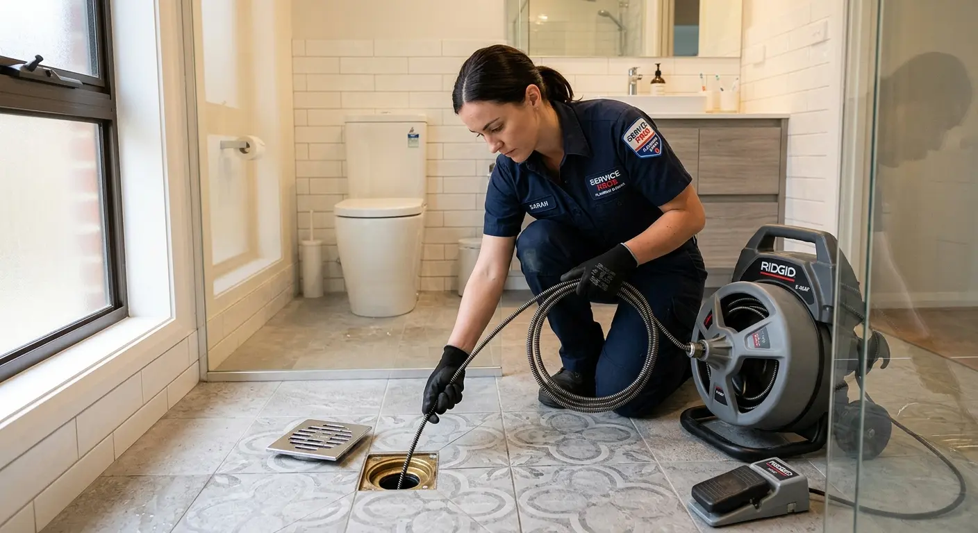 Technician clearing a bathroom floor drain for Clogged Drain Repair in Lehigh